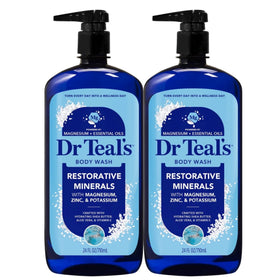 Dr Teal's front packaging showing two restorative minerals bottles for easy refills
