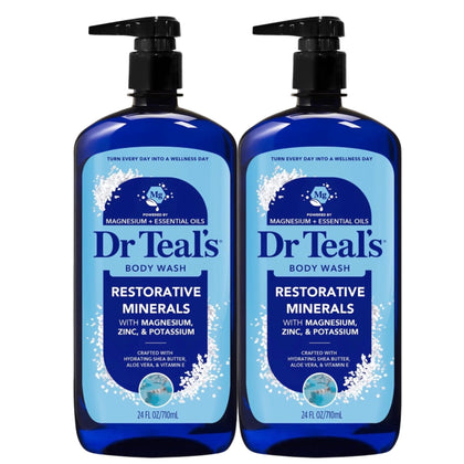 Dr Teal's front packaging showing two restorative minerals bottles for easy refills