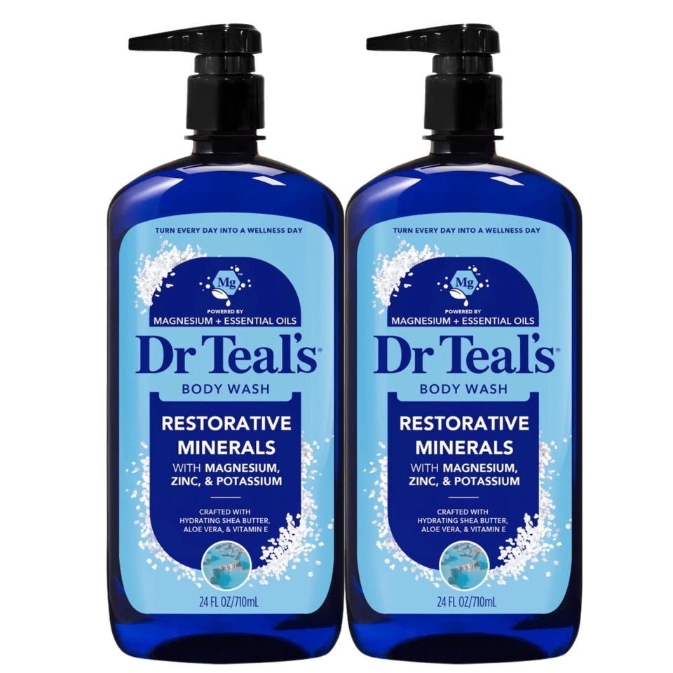 Dr Teal's front packaging showing two restorative minerals bottles for easy refills
