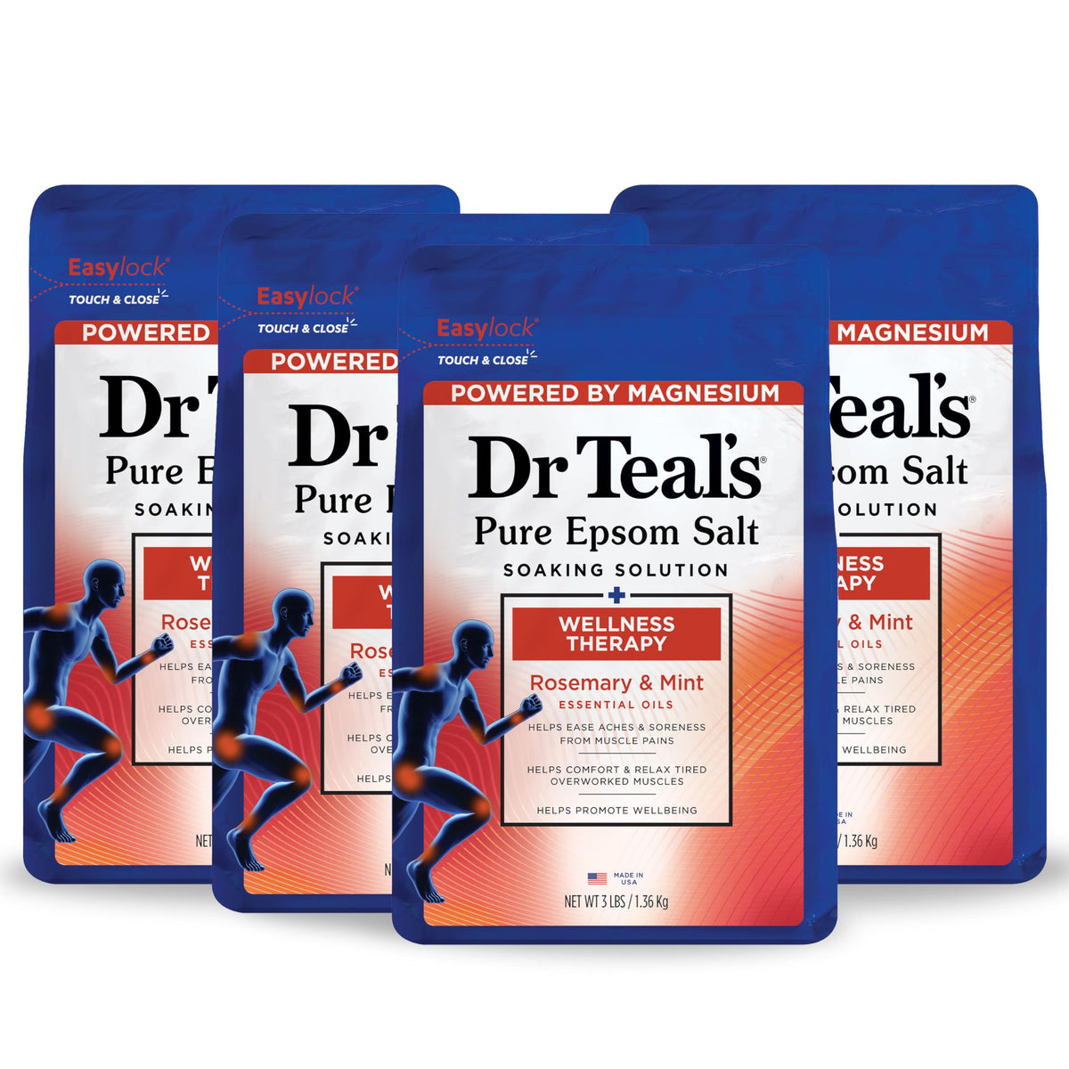 Dr Teal's front packaging showing rosemary and mint, promotes calming soak