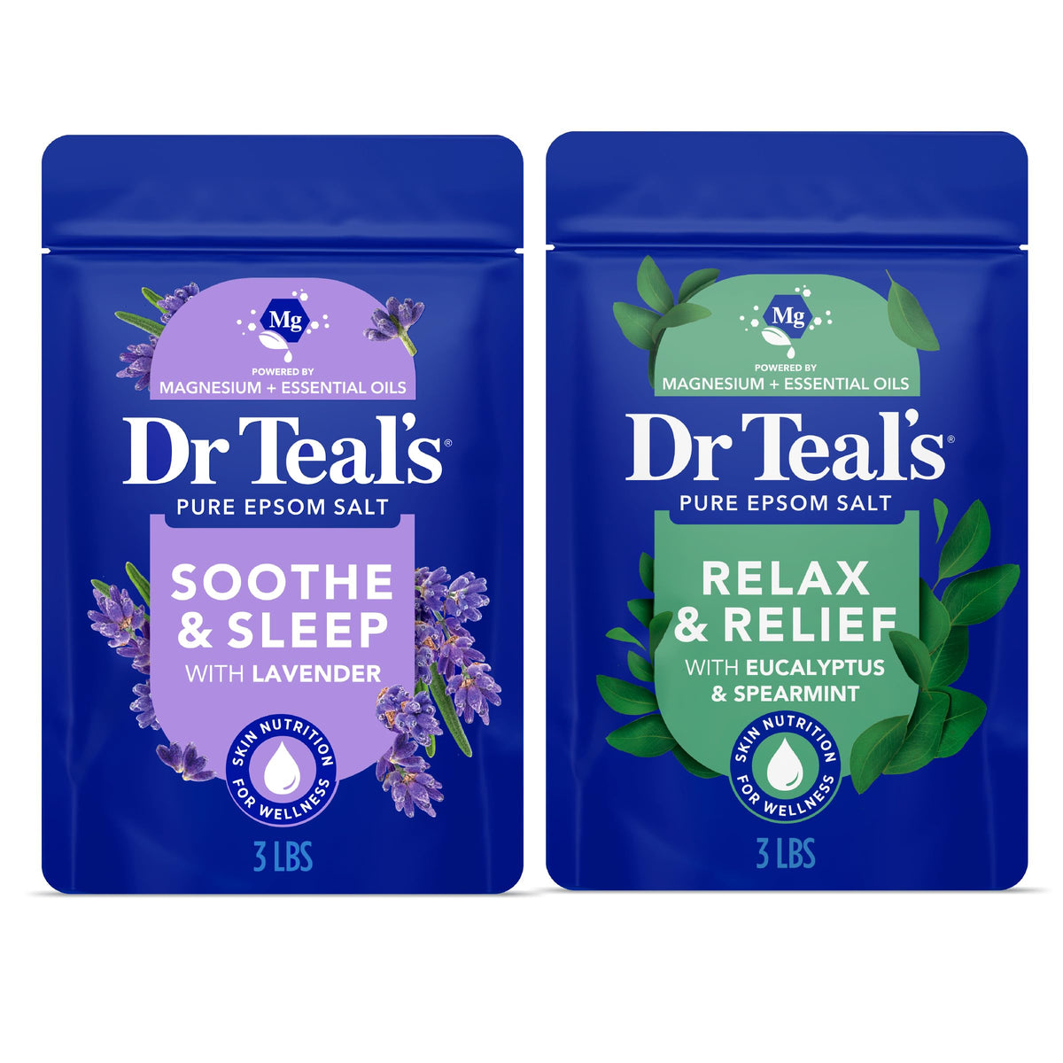 Dr Teal's front packaging showing dual 3 lb tubs and labels for identification and clarity