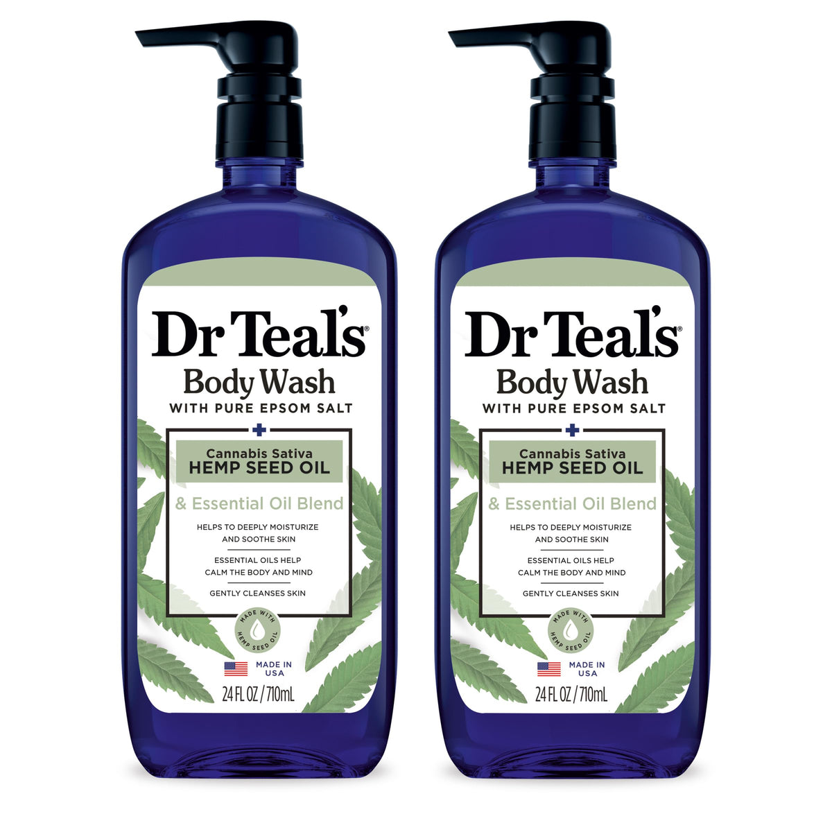 Dr Teal's front packaging showing twin 24 fl oz bottles and calming label, promotes hydration