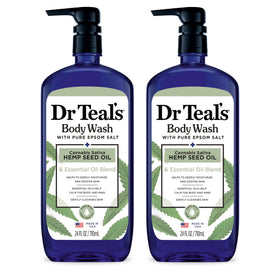 Dr Teal's front packaging showing twin 24 fl oz bottles and calming label, promotes hydration