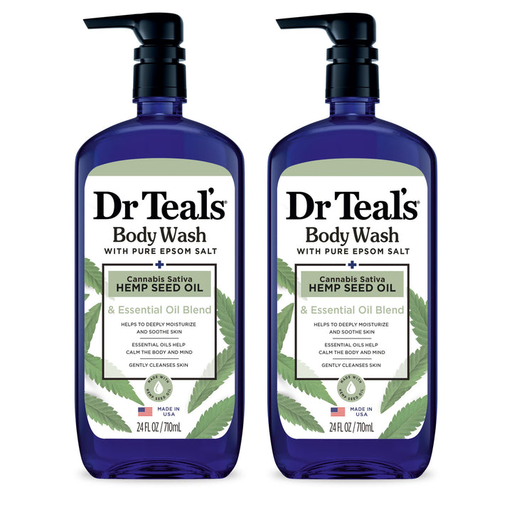 Dr Teal's front packaging showing twin 24 fl oz bottles and calming label, promotes hydration