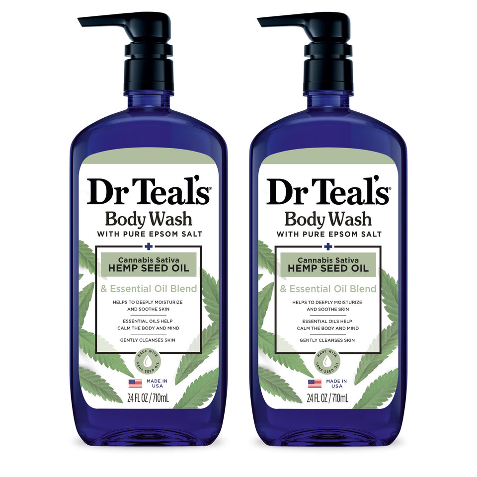 Dr Teal's front packaging showing twin 24 fl oz bottles and calming label, promotes hydration