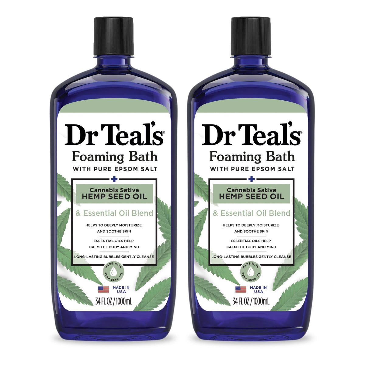 Dr Teal's front packaging showing two 34 fl oz bottles and benefits