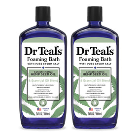 Dr Teal's front packaging showing two 34 fl oz bottles and benefits
