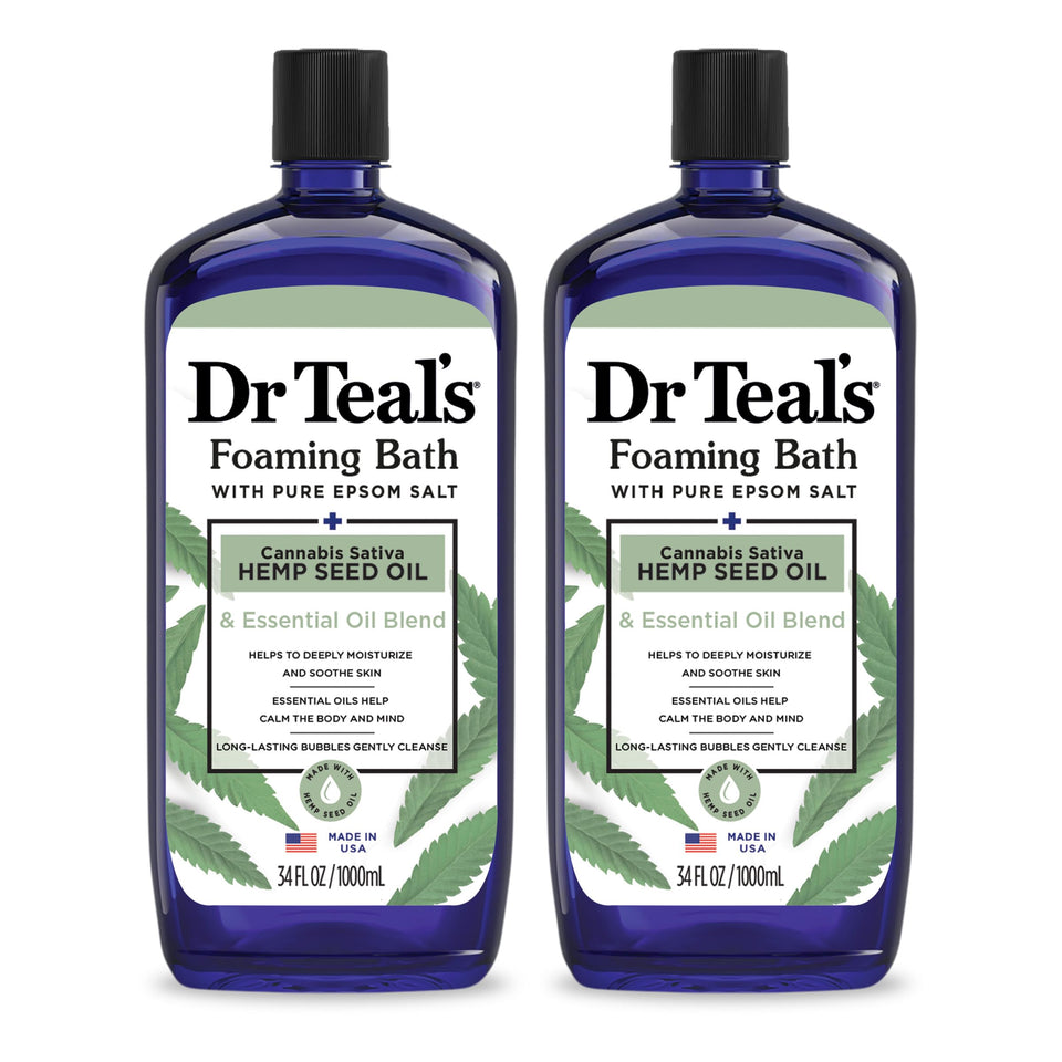 Dr Teal's front packaging showing two 34 fl oz bottles and benefits