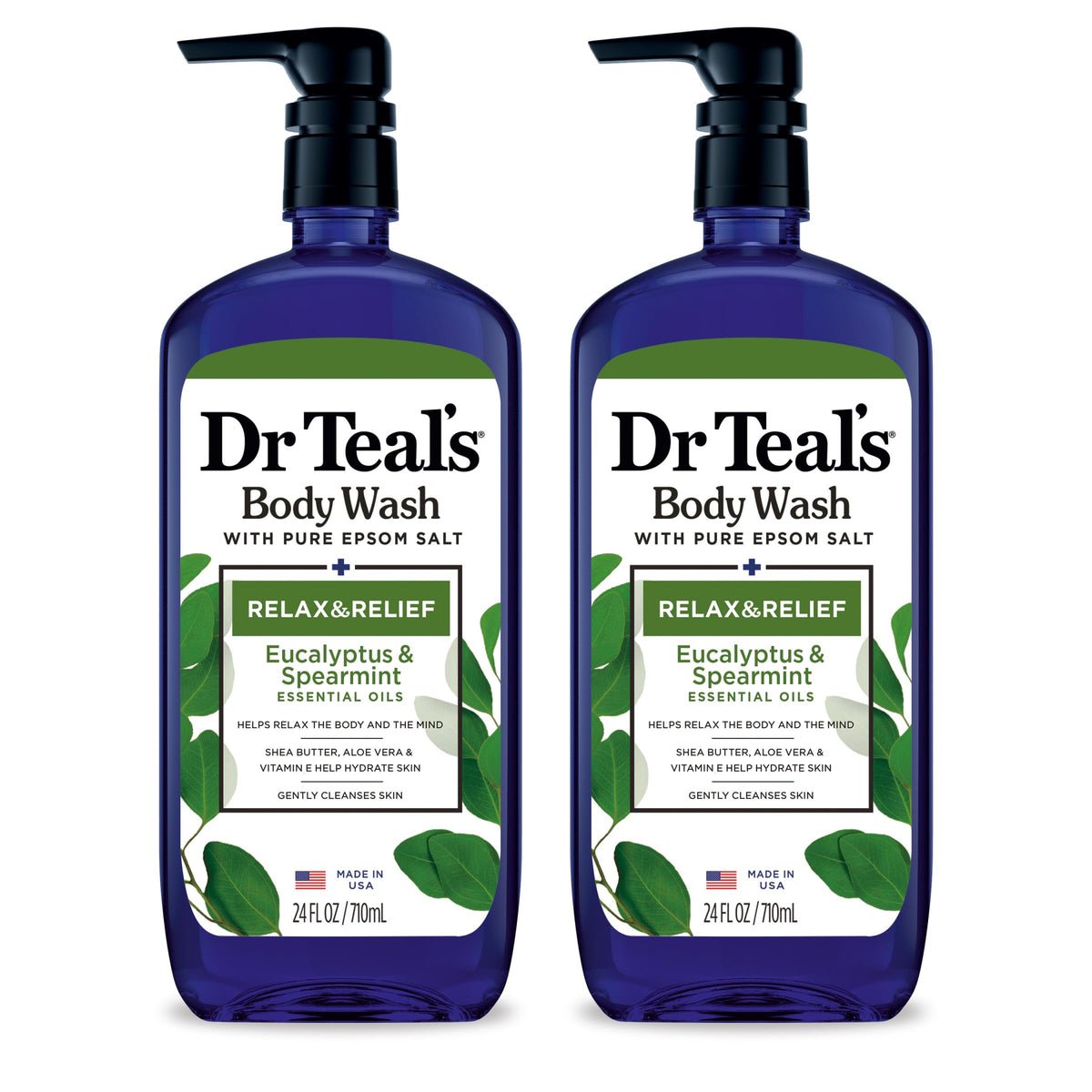 Dr Teal's front packaging showing dual 24 fl oz bottles and clear branding benefit: visible value