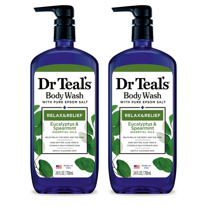 Dr Teal's front packaging showing dual 24 fl oz bottles and clear branding benefit: visible value