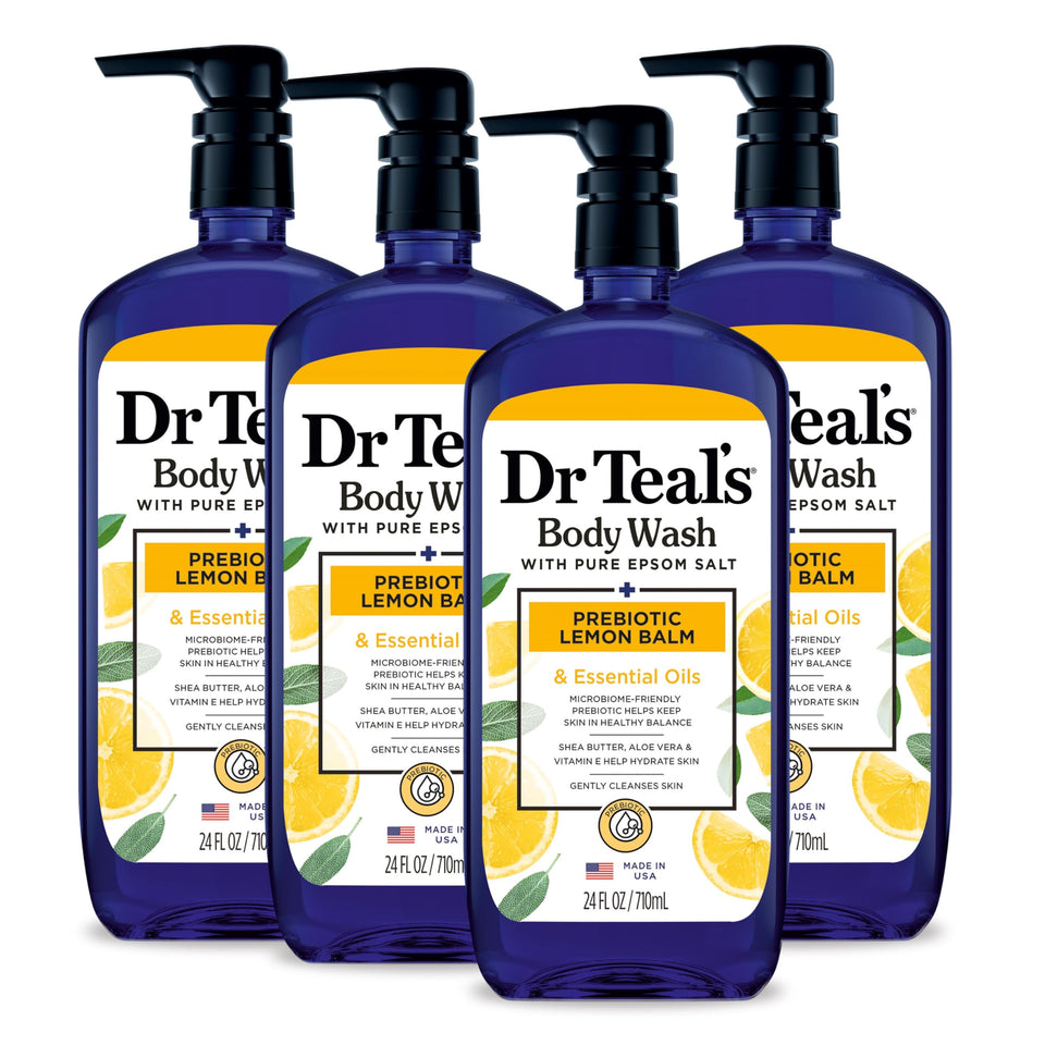 Dr Teal's front pump bottle showing label and easy dispensing benefit