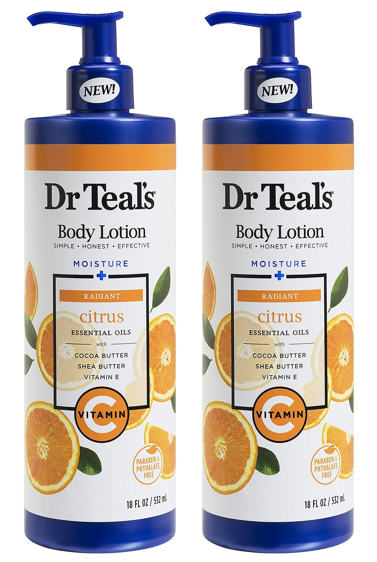 Dr Teal's front view of two pump bottles showing packaging and size benefit