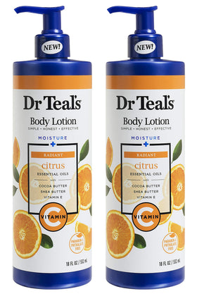 Dr Teal's front view of two pump bottles showing packaging and size benefit