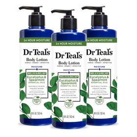 Dr Teal's front view of eucalyptus and spearmint lotion showing soothing benefits