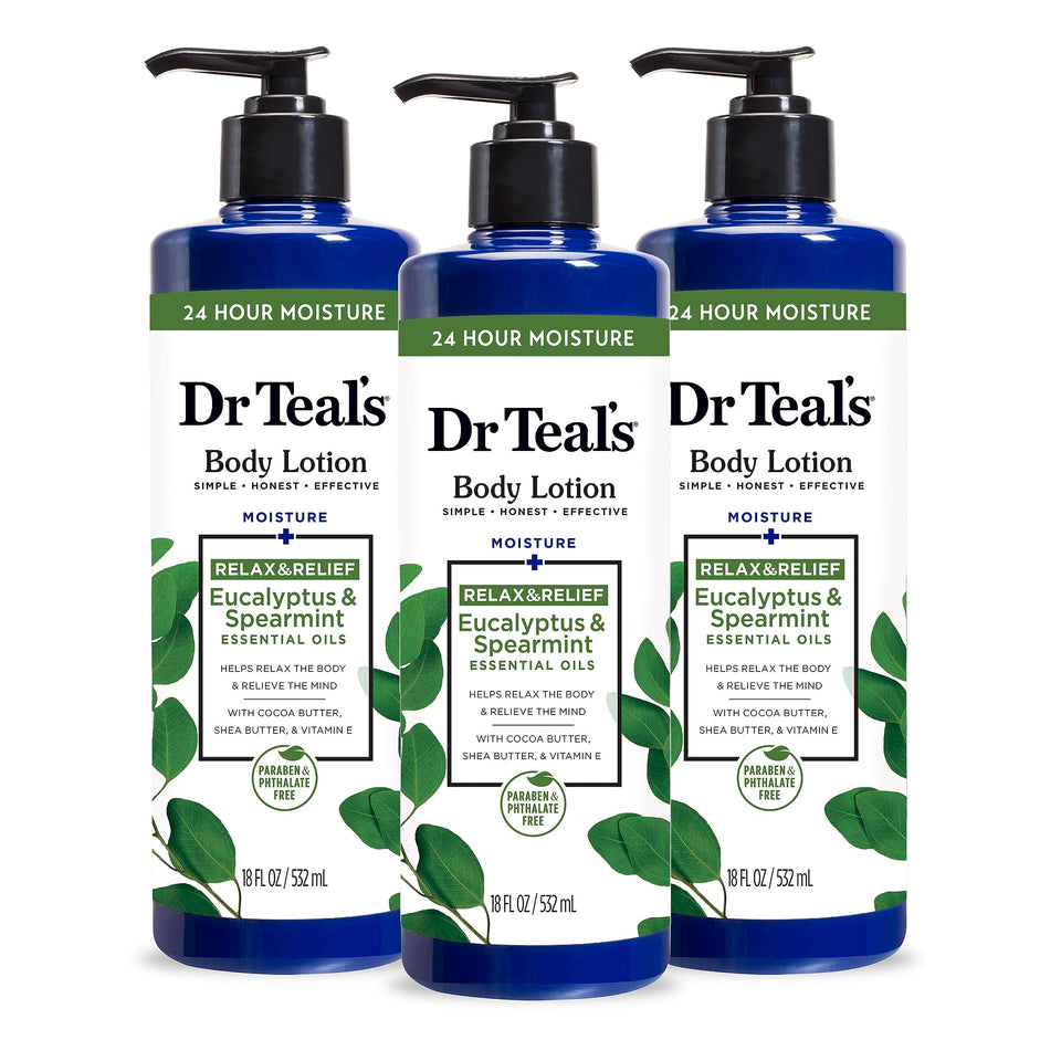 Dr Teal's front view of eucalyptus and spearmint lotion showing soothing benefits