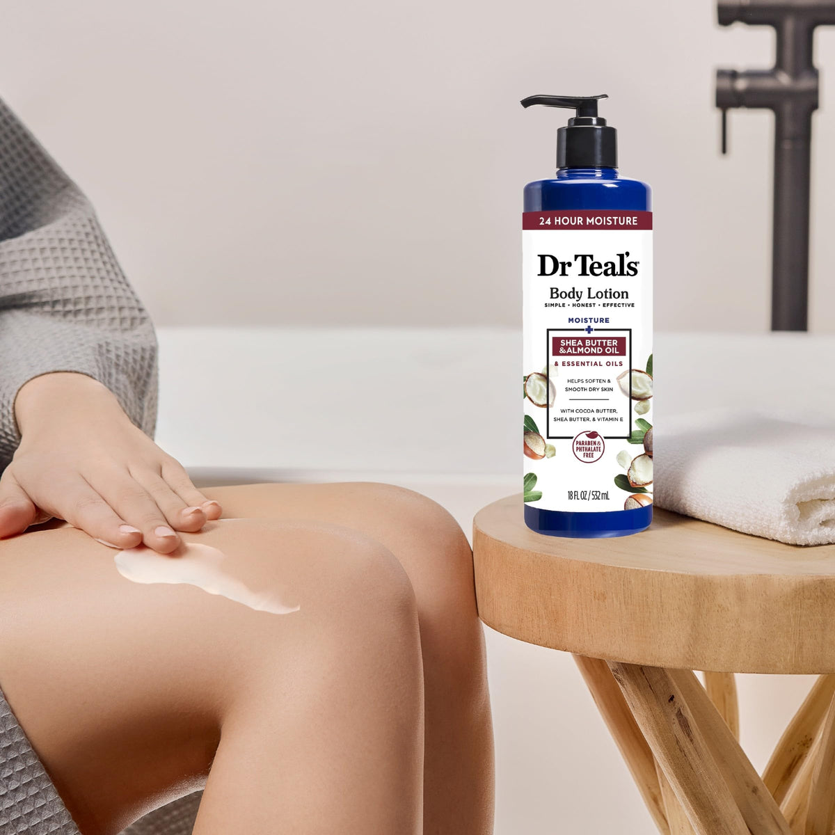 Dr Teal's being applied to hands in bathroom showing quick softening benefit