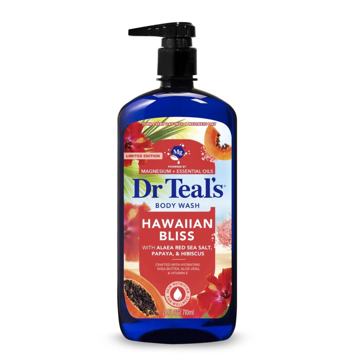 Alaea red sea salt scoop with Dr Teal's bottle suggesting mineral-rich bathing benefits
