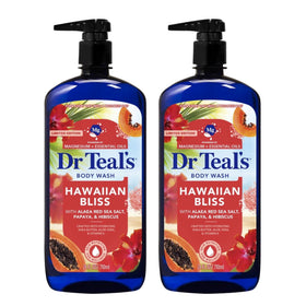 Dr Teal's front packaging showing two cobalt bottles and tropical branding for shelf appeal