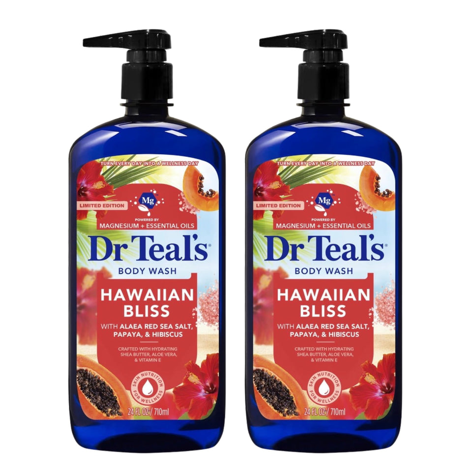 Dr Teal's front packaging showing two cobalt bottles and tropical branding for shelf appeal