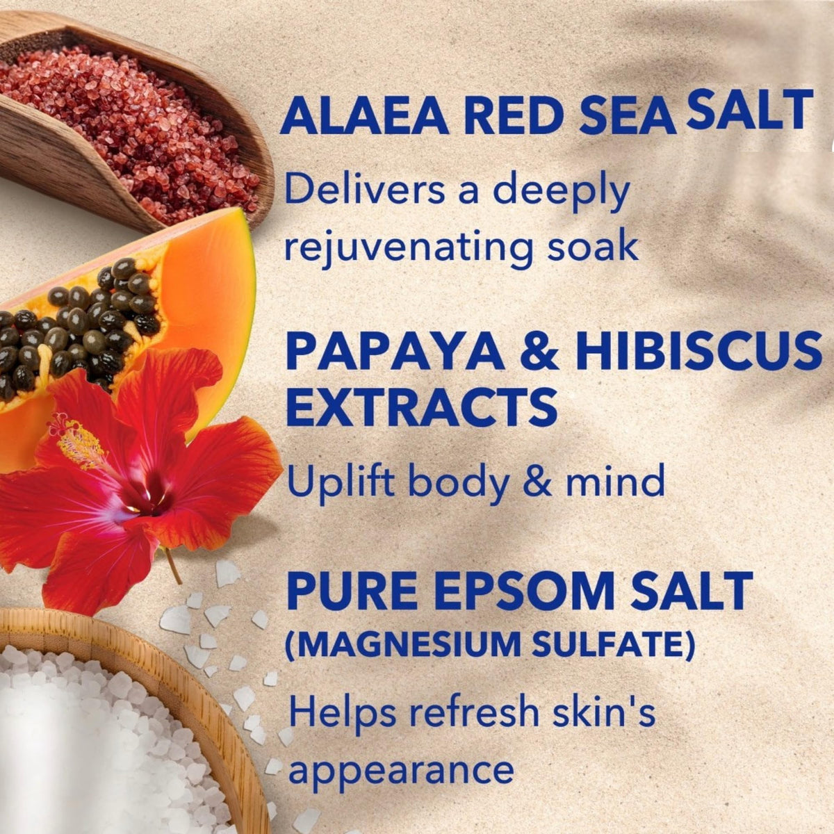 Dr Teal's ingredient label close-up highlighting Alaea red sea salt and magnesium sulfate