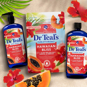 Two Dr Teal's bottles stacked on vanity illustrating the value pack and storage ease