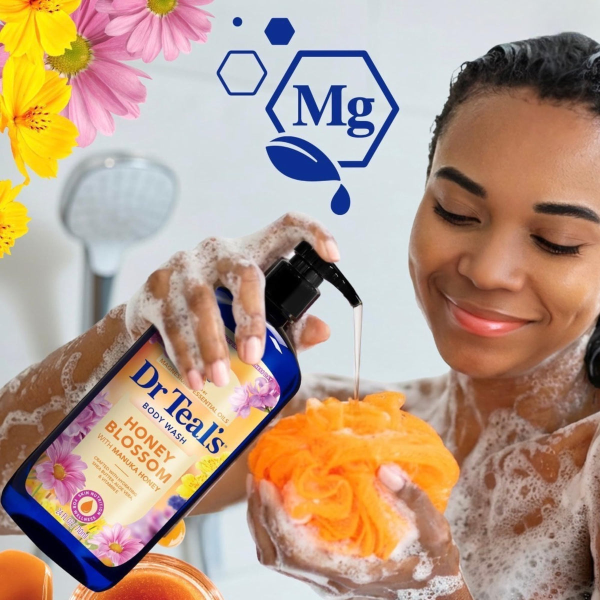 Dr Teal's bottle on bathroom shelf with towel, illustrating calming shower ritual benefits