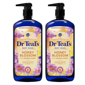 Dr Teal's front packaging showing twin 24 fl oz bottles and honey blossom scent, promoting value