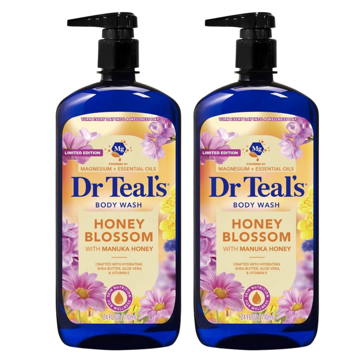 Dr Teal's front packaging showing twin 24 fl oz bottles and honey blossom scent, promoting value