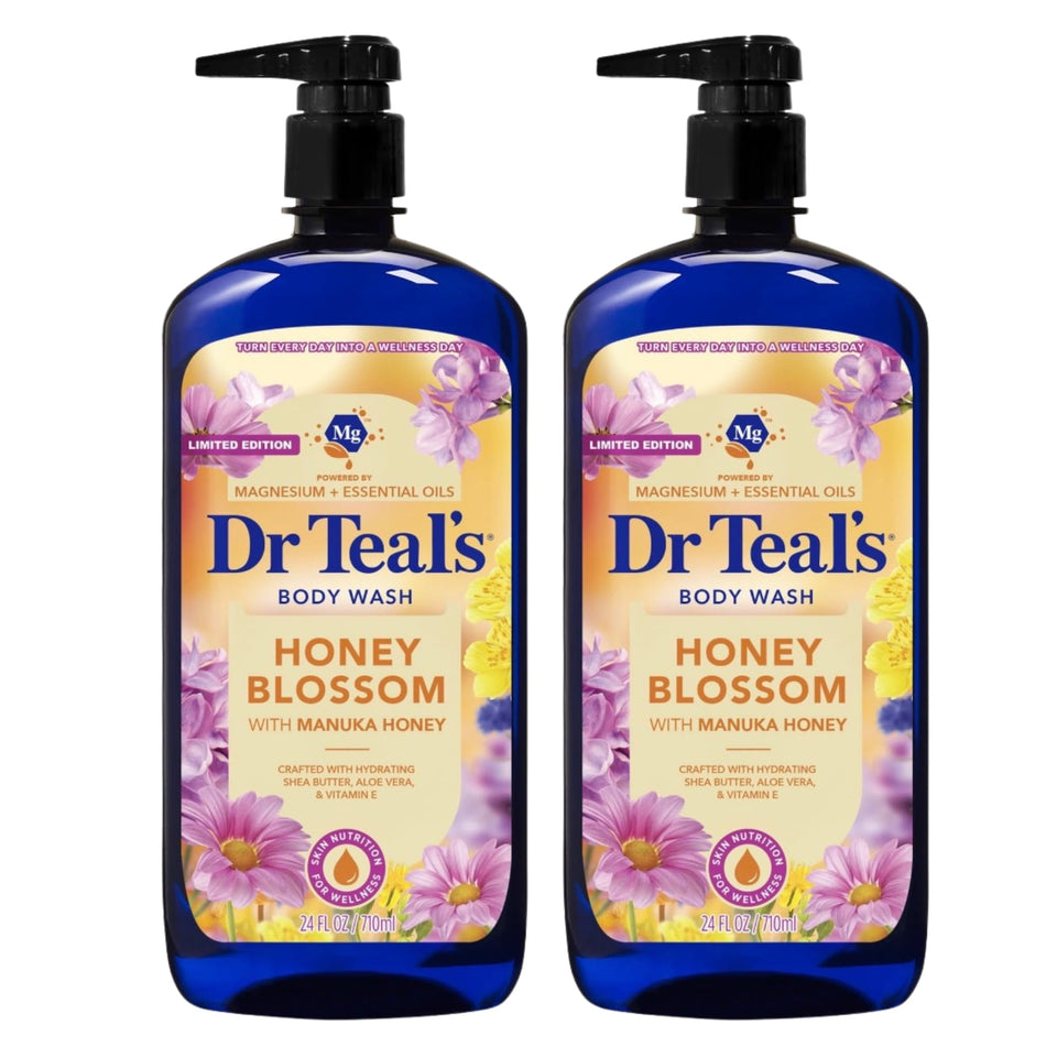 Dr Teal's front packaging showing twin 24 fl oz bottles and honey blossom scent, promoting value