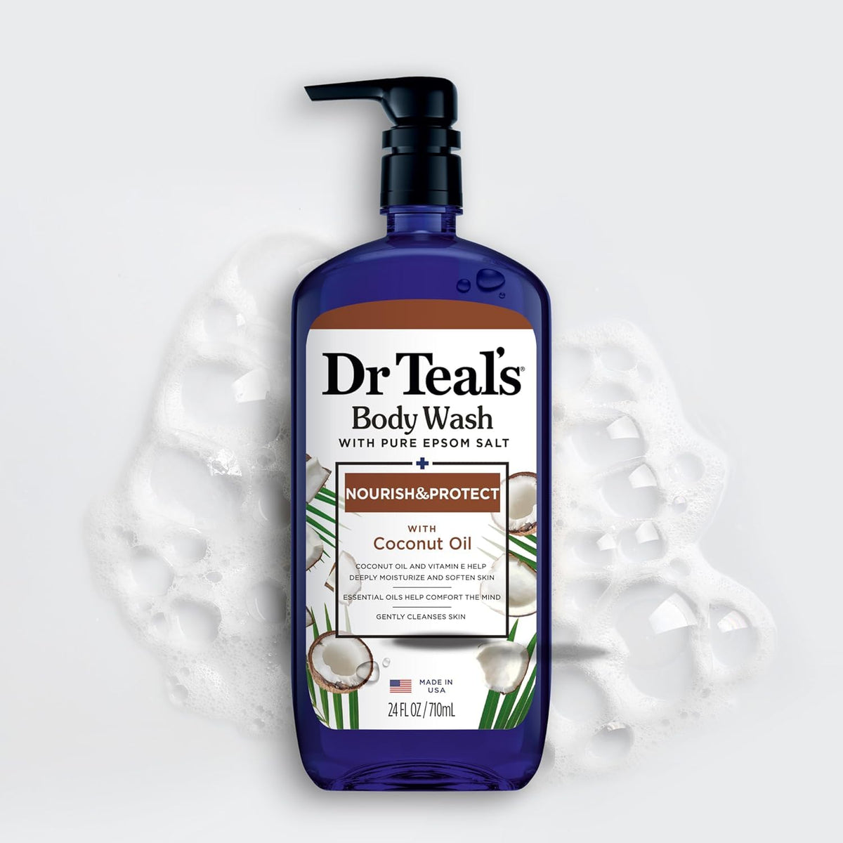Dr Teal's in-shower with loofah illustrating gentle cleansing and soothing refreshment