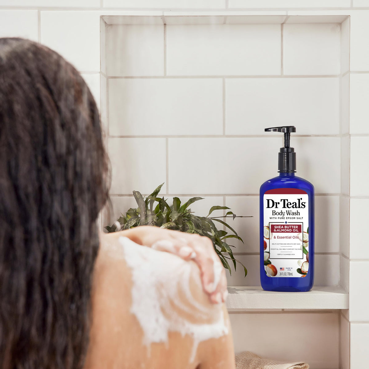 Dr Teal's body wash in shower use demonstrating soothing routine