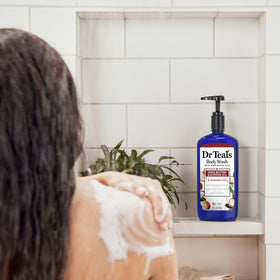 Dr Teal's body wash in shower use demonstrating soothing routine