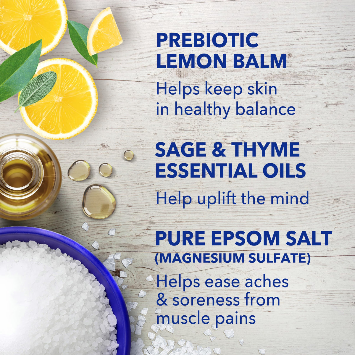 Dr Teal's ingredient close-up with lemon balm emphasizing microbiome-friendly benefit
