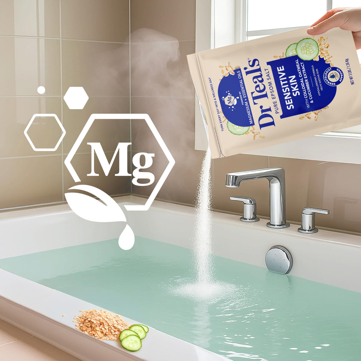 Dr Teal's ingredients close-up with colloidal oatmeal and cucumber extract soothing