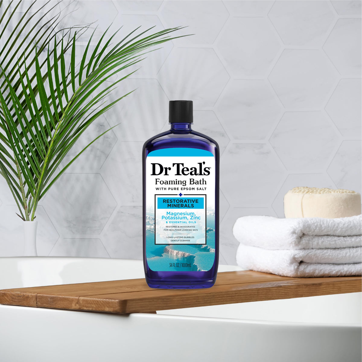 Close-up of Dr Teal's ingredients label highlighting minerals and oils