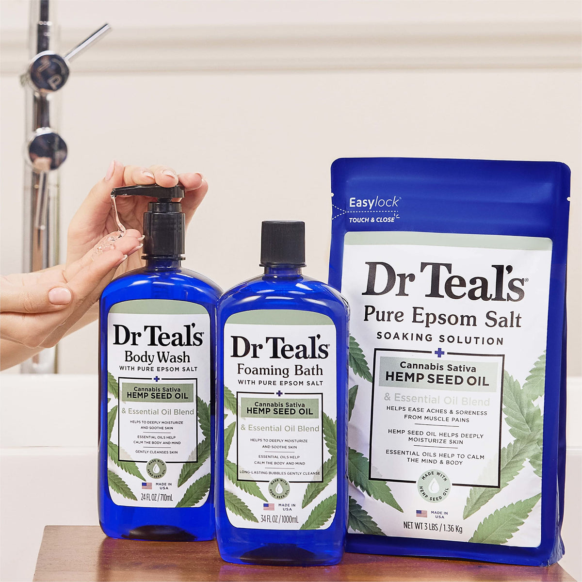 Dr Teal's ingredients panel detail highlighting Epsom salt and essential oils