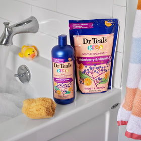 Dr Teal's bottle in bathroom setting conveying calming bedtime bath atmosphere