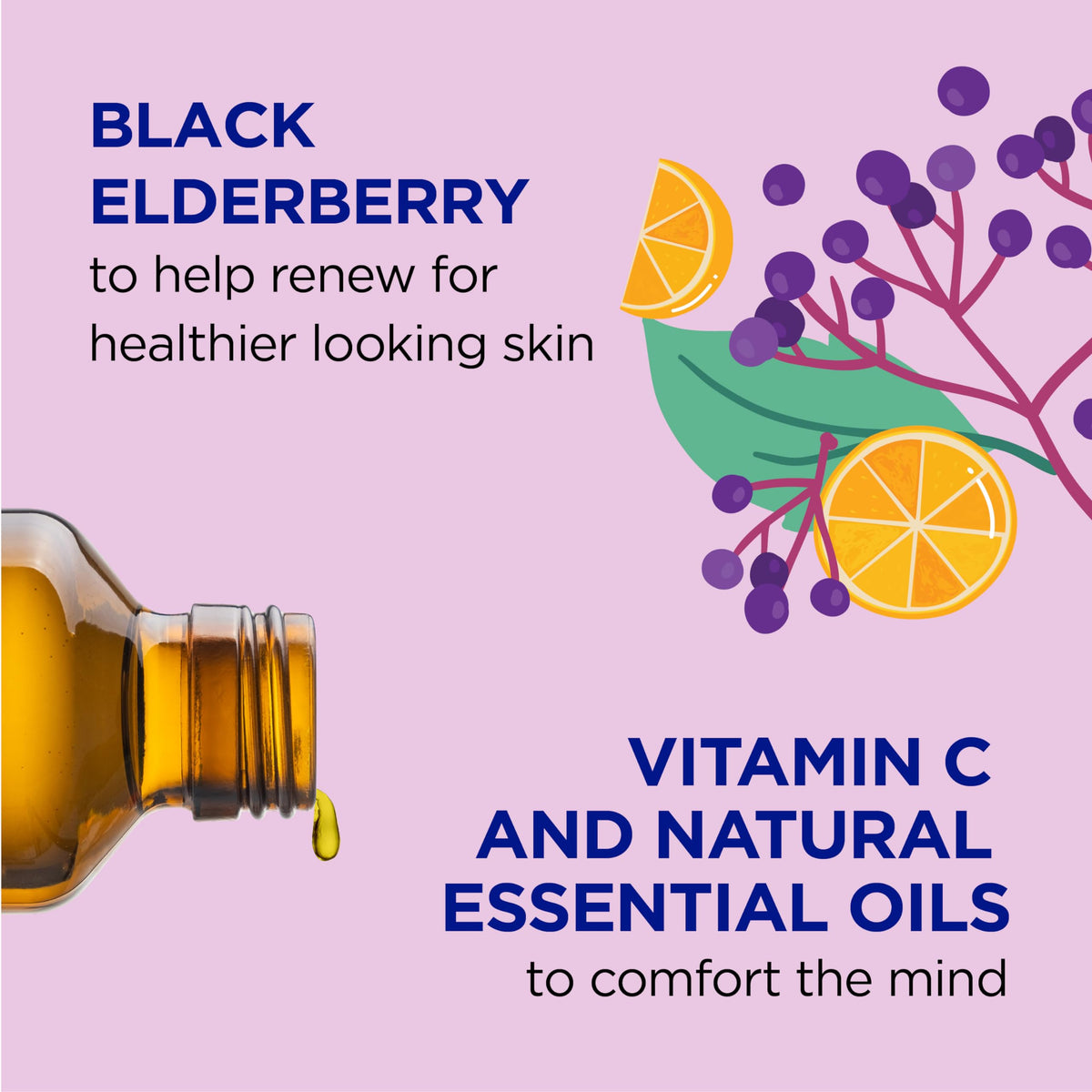 Dr Teal's close-up label highlighting elderberry and vitamin C benefits for families