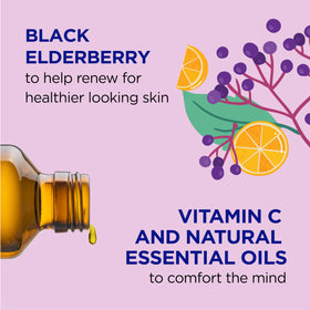 Dr Teal's close-up label highlighting elderberry and vitamin C benefits for families