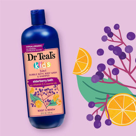 Dr Teal's bottle pouring under running water to create abundant bubbles for play