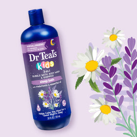 Dr Teal's bottle side label showing ingredients and safety details