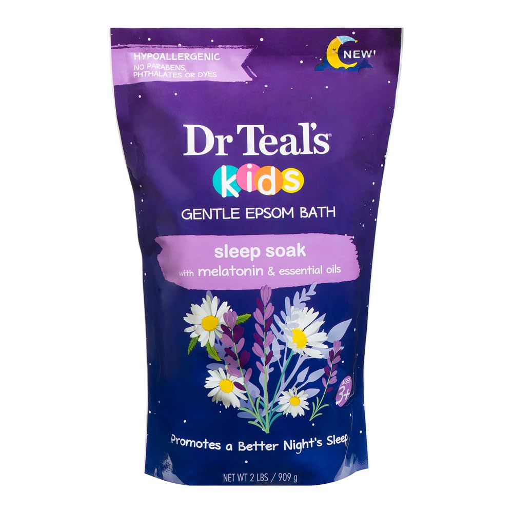 Dr Teal's pouch front view showing label and calming sleep-bath benefit