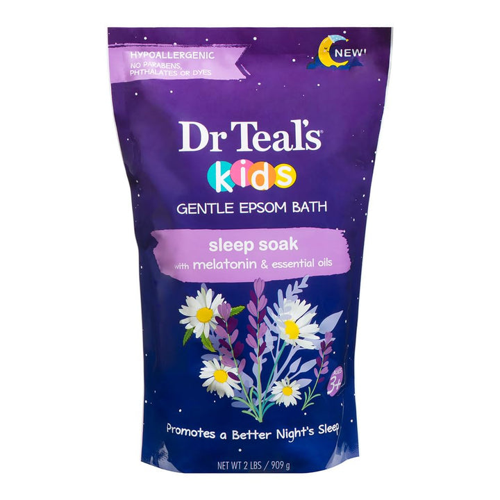 Dr Teal's pouch front view showing label and calming sleep-bath benefit