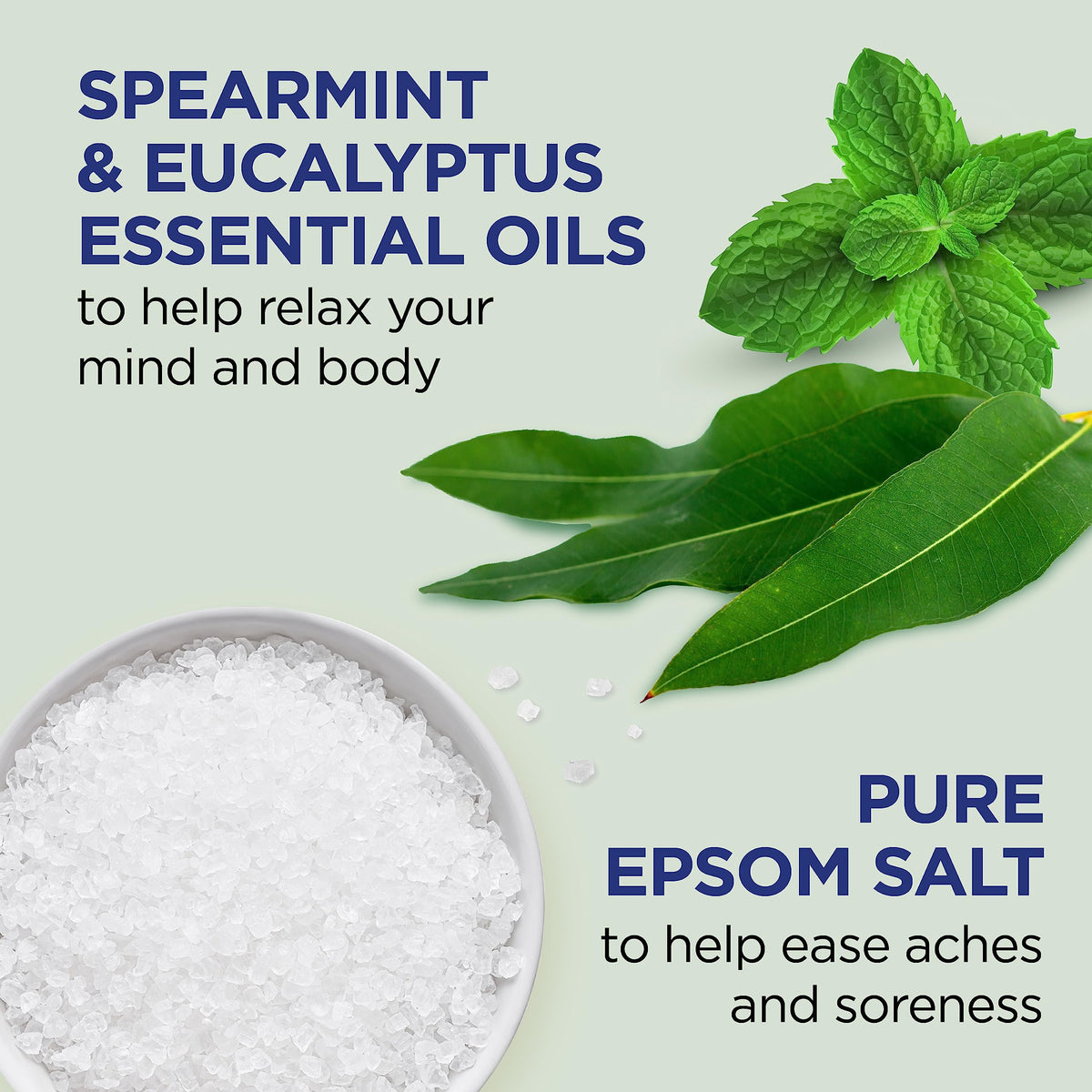 Dr Teal's label close up highlighting eucalyptus spearmint scent and ingredient benefits