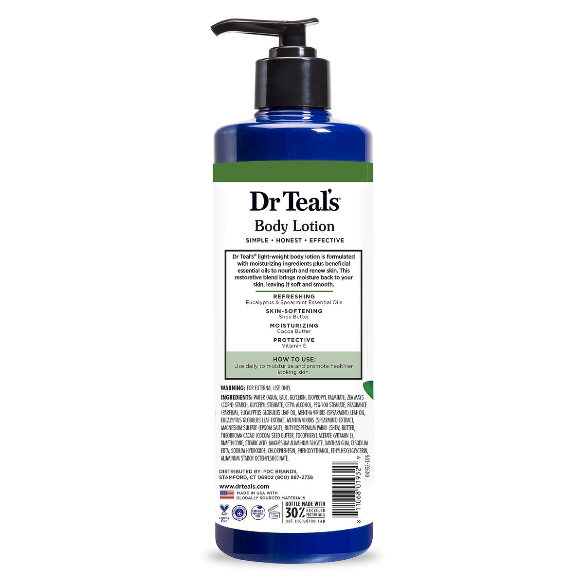 Dr Teal's label detail listing eucalyptus and spearmint essential oils and benefits