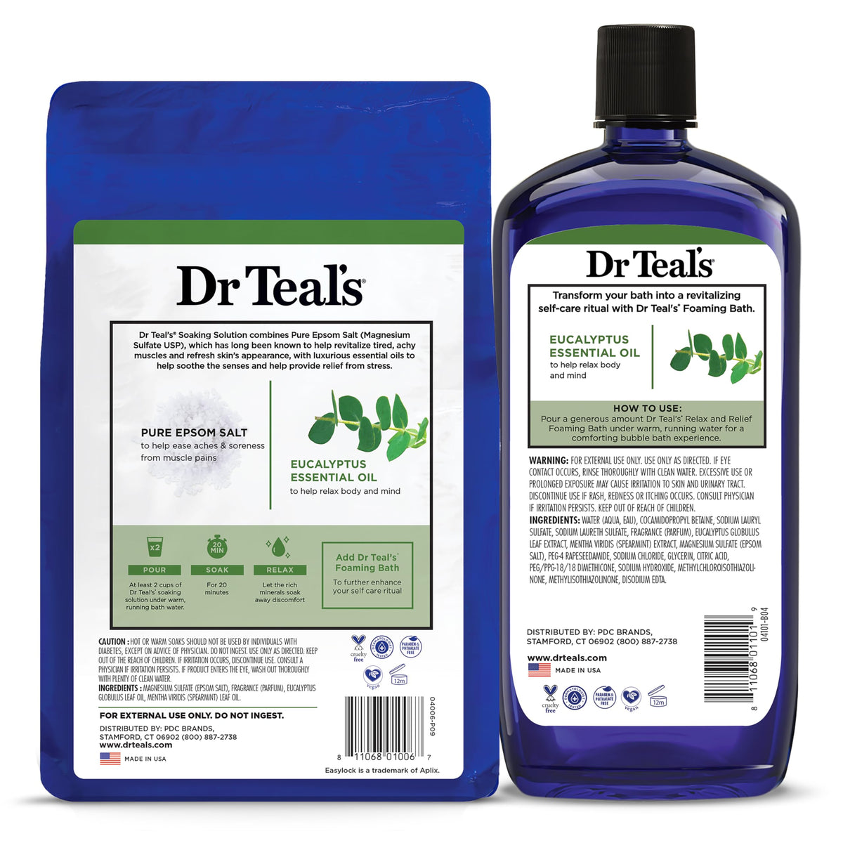 Dr Teal's label close-up revealing eucalyptus and spearmint ingredients