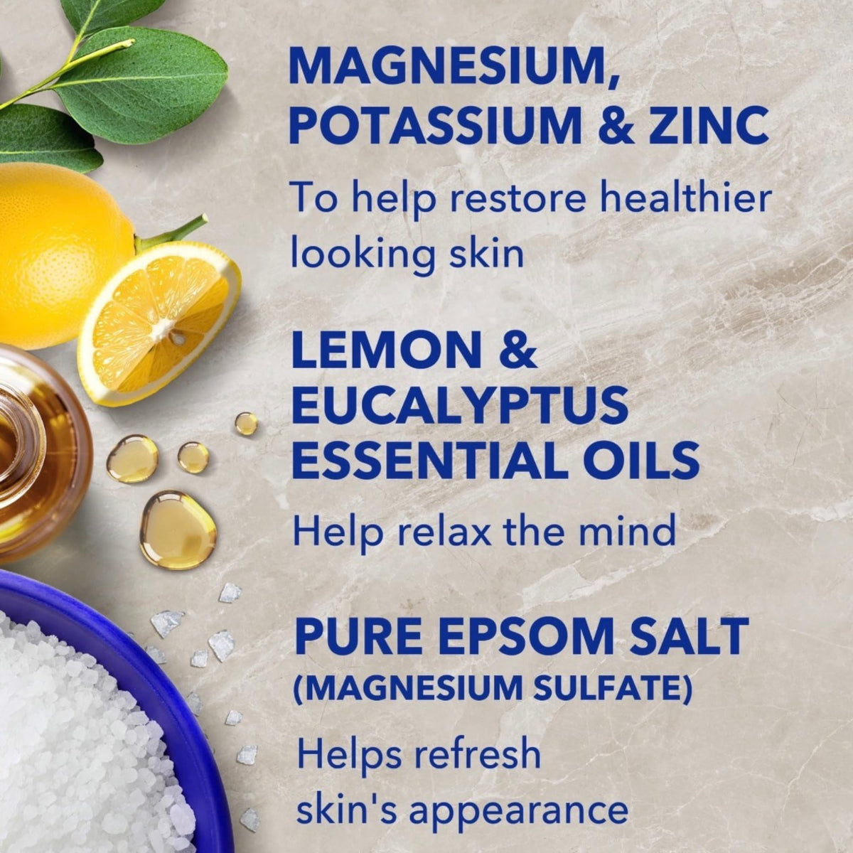 Dr Teal's ingredient label close-up highlighting magnesium, zinc, and potassium