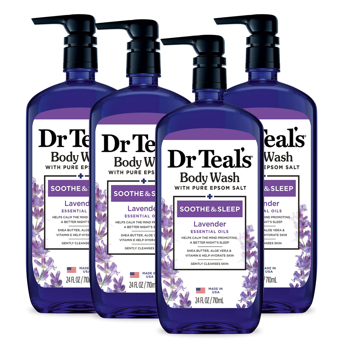 Dr Teal's front packaging showing 24 fl oz bottle and label benefits