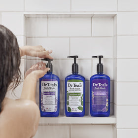 Dr Teal's body wash being used in shower to create a calming routine