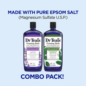 Dr Teal's lavender bottle label close-up highlighting calming scent benefits